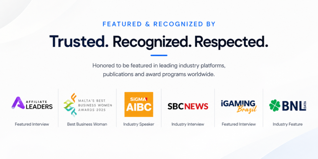 TP Marketing BR featured in leading iGaming industry media, awards and international recognition platforms including Affiliate Leaders, SBC News, SiGMA AIBC and Malta’s Best Business Women Awards 2025.